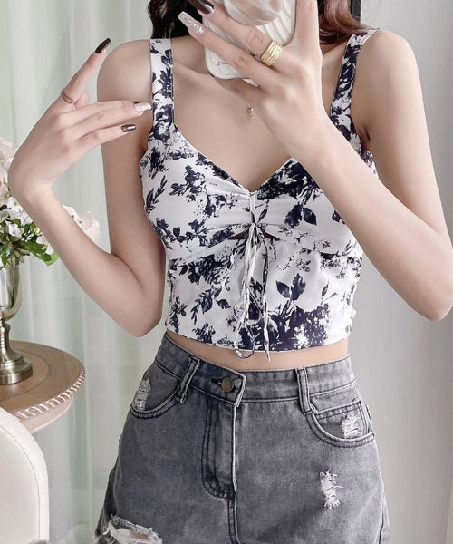 TIE-FRONT PRINTED BUSTIER TOP WITH PAD